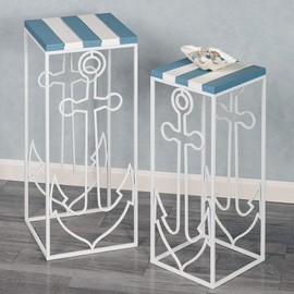 Nautical Anchor Slat Wood and Metal Nesting Table Set of 2, 27 and 30 Inches High | Coastal Style Accents | Openwork Frame