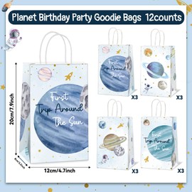 12Pcs First Trip Around The Sun Birthday Party Gift Candy Bags Planet Birthday Party Goodie Bag Solar System paper Treat Bag Outer Space Bags for kid Baby Shower 1st space party Decor 4.7*3.15*8inch