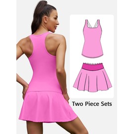 ATTRACO Tennis Dresses 2 Piece Athletic Skirts Racerback Sports Golf Dress Hot Pink Workout Dress L