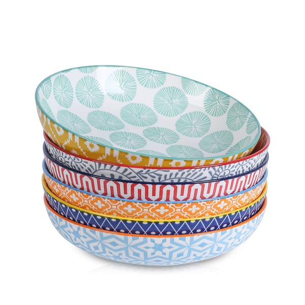 Selamica Porcelain 26 Ounce Pasta Bowls Set of 6, 8 inch Wide and Shallow Salad Bowls, Serving Bowls, Microwave & Dishwasher Safe, Sturdy & Stackable, Assorted Colors