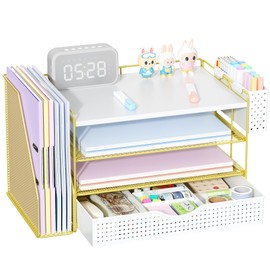 gianotter Wood Desk Organizers and Accessories with File Holder, 4-Tier Desk Accessories & Workspace Organizers with Drawer and Pen Holder, Paper Organizer for Office Supplies (Gold)