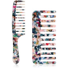 Zhailyn Wide Tooth Comb, Tortoise Cellulose Acetate Round Tooth Anti-static Anti-knot Comb for Detangling Wet, Long, Short, Curly, and Straight Hair (2 Pcs)