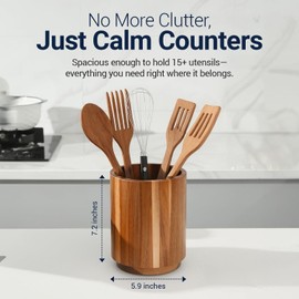 Linda's Essentials Acacia Wooden Utensil Holder for Kitchen Counter, Wood Utensil Holder Counter, Kitchen Utensils Holder with 360° Rotation, Non-Slip Large Utensils Holders, Spatula Holders
