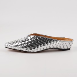 LUXMUWA Silver Woven Mules for Women Metallic Leather Slides Ladies Trendy Comfortable Square Toe Hidden Wedge Heels Size 8.5