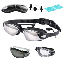 HSTWODE Optical Swimming Goggles, Swimming Goggles with Prescription, Dioptres: -1.5 to -8.0, Adult Anti-Fog UV Protection Swimming Goggles, with Interchangeable Nose Bridge (Black Silver-Plated, -8)
