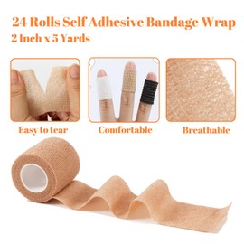 24 Rolls Self Adhesive Bandage Wrap, Vet Wrap 2 Inch, Dogs Bandages for Wounds Care Dressings, Elastic Self Stick Cohesive Bandage Wrap, Leg Wraps, Wrist Tape, Ankle, Sports, Tatto Grip Tape(Brown)