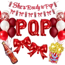 She's Ready to Pop Baby Shower Decorations – 64Pcs Retro Soda Popcorn Red Bow Foil Balloons, Banner, 4 Color Latex Balloons for Baby Shower Decor, Mom-to-Be’s Sprinkling or Labor Party
