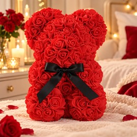 Artificial Rose Teddy Bear with LED Light – Romantic Flower Bear Decoration Gift for Birthday, Anniversary and Home Display