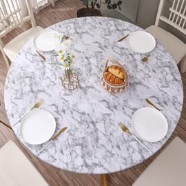 Round Vinyl Fitted Tablecloth with Flannel Backing Elastic Edge Design Table Cover Waterproof Oil-Proof PVC Table Cloth Stain-Resistant Best for 45"-56" Round