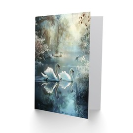 Artery8 Greeting Card Graceful Swans Tranquil Winter Lake Painting Blank For All Him Or Her Art Birthday Card