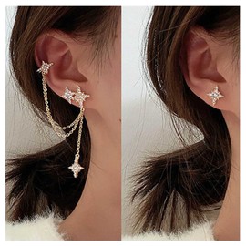 Inilbran Boho Star Cuff Earrings Gold Crystal Chain Wrap Earrings Star CZ Cuff Chain Earrings Tassel Dangle Drop Earrings Crystal Meteor Star Crawler Climbing Earrings Jewellery for Women and Girls