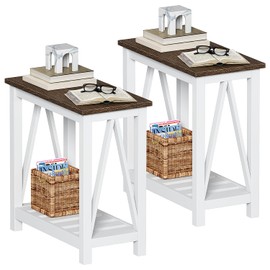ChooChoo Farmhouse End Table Set of 2, Rustic Vintage Narrow End Side Table with Storage Shelf for Small Spaces, Nightstand Sofa Table for Living Room, Bedroom White