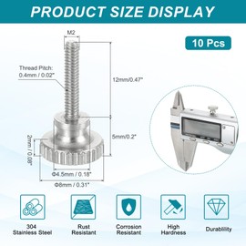 MECCANIXITY 10pcs M2 x 12mm Vernier Caliper Screws, 304 Stainless Steel Flat Head Shoulder Thumb Screws Metric Diamond Knurled Head Bolts Grip Knobs Hand Tighten Thread Fasteners Position