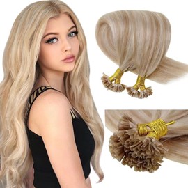 LaaVoo Real Hair Bonded Extensions, U-Tip Extensions, 1 g, Blonde, Hot Fusion, Keratin Extensions, Ash Blonde and Bleached Blonde, 1 g/Strand, 50 g, 50 cm, #18/613