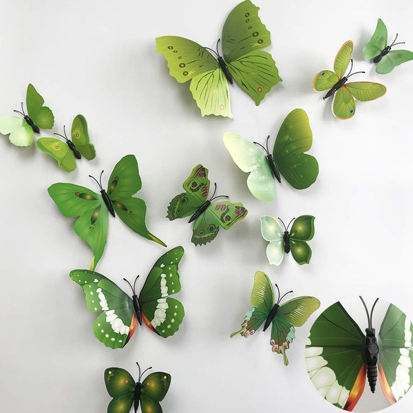 36pcs 3D Colorful Butterfly Wall Stickers DIY Art Decor Crafts for Party Nursery Classroom Offices Kids Girl Boy Baby Bedroom Bathroom Living Room Magnets and Glue Sticker Set (GREEN-single wing)