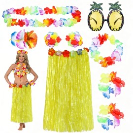 Conjunto De Traje De Danza Hula Hawaiana Amarilla De 8 Pieza
