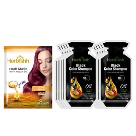 Herbishh Hair Color Shampoo 10 Sachet +1 Argan Hair Mask Pouch | 3 in 1 Hair Dye | Easy to Use | Gray Coverage | Travel Size | Available in 6 Colors | Long Lasting Hair Color (Negro)