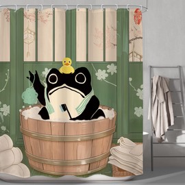 LGhtyro Funny Frog Shower Curtain Bathroom Set 60Wx71H Inches Traditional Japanese Cute Animal Cherry Blossom Kwaii Rustic Green Board Bath Accessories Rustic Retro Art Home Decor Fabric 12 Pack Hooks