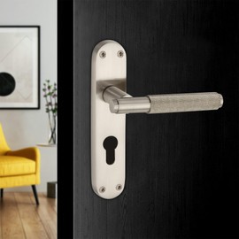 Infinity Decor Satin Nickel Knurled Euro Lever Lock Door Handle on Backplate Set 185mm x 45mm Passage Door Pulls – Suitable for All Internal & External Door