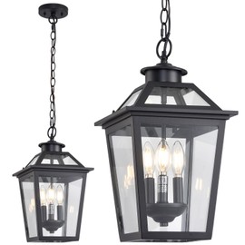 Smeike Large Outdoor Pendant Light Fixtures 3-Light Black Exterior Hanging Lantern with Clear Glass Outside Chandelier for Porch Front Door House
