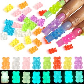 Fcozpjk Gummy Bear Nail Charms, 64PCS Flatback Resin Bear Charms, Glowing in The Dark Nail Decorations, Neon Fake Candy, Kawaii Nails Charms, Ornaments for Slime DIY Craft