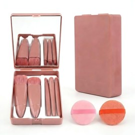 Set de Brochas de Maquillaje de Viaje, 5 Pinceles Mini Makeup Brushes Estuche con Espejo PortátilKit Cosmético Portátil2 pzs Borlas para Polvos,...   