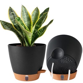 2 Pack 8 inch Plant Pots, Plastic Self Watering Planters with Drainage Holes, Deep Reservoir, Water Level Indicator, Modern Decorative Flower Pots for Indoor Outdoor Plants (Black, 8 Inch)