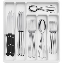 Lifewit Cutlery Tray for Drawers, Cutlery Organiser Drawer Organiser Kitchen Compact Cutlery Tray Utensil Holder for Drawer Made of Plastic for Spoons, Forks, 6 Compartments, White