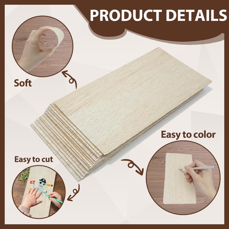 12-Pack Balsa Wood Sheets 200x100x1mm Lightweight Craft Balsa Wood Thin