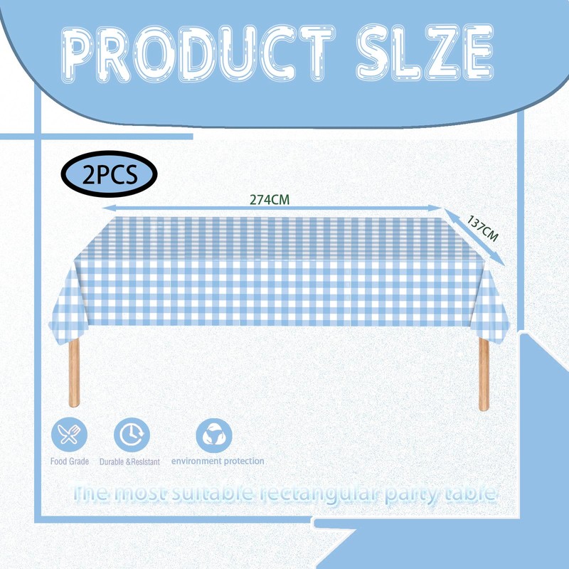 2pcs Blue White Checkered Table Cloth Party,137*274cm Plastic Table Cloth