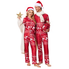 Ekouaer Christmas Family Matching Pajamas Long Sleeve Button Down Pj Set Festival Party Sleepwear,Red Pattern,Women,M