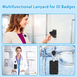 Black Leopard Print Lanyards for ID Badges, ID Badge Holder Heavy Duty and Retractable Reel Clip, Cute Sliding Vertical Card Case for Keys, Women, Men, Teachers, Nurses, Daily Office