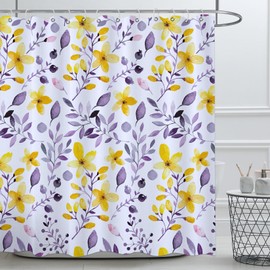 FAITOVE Spring Floral Shower Curtain Botanical Shower Curtain Yellow Flower Purple Leaves Bathroom Curtain Decor Waterproof with Hooks Polyester 72 x 72