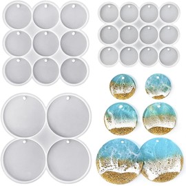ResinWorld Juego de moldes de silicona de 25 cavidades de gran mediano pequeo crculo plano brillante, molde para colgante de aretes redondos perforados, llavero, molde de resina para etiqueta de