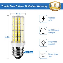 RIUVAO LED Corn Light Bulb 200w Equivalent 2500 Lumen 5000K Cool Daylight White 20W E26/E27 Base Ceiling Fan Led Light Bulb for Home Garage Warehouse Indoor Outdoor Led Corn Bulb Pack of 4