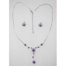 Faship Gorgeous Purple Rhinestone Crystal Floral Necklace Earrings Set - Purple