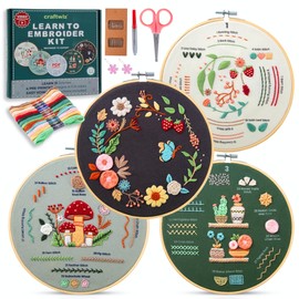Craftwiz 4-Piece Starter Embroidery Kit for Beginners with Simple Patterns, Learn to Embroider 31 Stitches with Hand Embroidery Kit