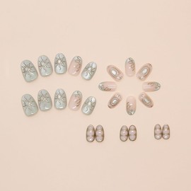 24Pcs Almond Press on Nails Short Length Green Fake Nails with Glitter Design French Tip Nails Press on Full Cover Nude Glossy False Nails French Acrylic Nails Kit 3D Gold Sun Glue on Nails for Women