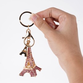 BUNCHBRAVO Women's Cute Keychain Charm Eiffel Tower Design, Pink Tone Parisian Sparkle Charm with Rhinestone for Keys and Bags
