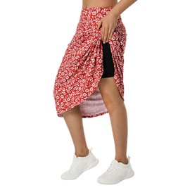 beroy Women 28" Long Skorts for Woman with 2 Pockets Modest Skirt with Shorts Underneath High Waisted Long Skorts, Red White Floral, 3X-Large