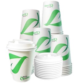 12 oz Compostable Paper Cups with White Dome Lids - Biodegradable Disposable White Paper Coffee Cups PLA Lined - Eco-friendly Hot and Cold Drinking Cups (100)