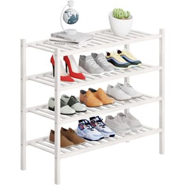 Buymoth 4 Tier Bamboo Shoe Rack Storage Organizer for Closet, Multifunctional Stackable Free Standing Shoe Shelf Organizer for Small Space,Entryway, Hallway, Bathroom27 x11 x26(White, 4 Tier)