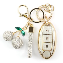 Rayslesan Sparkly Key Fob Cover with Cherry Keychain, Bling TPU Smart Key Case for Women, Compatible with Nissan Rogue Armada Pathfinder Versa Juke Quest Sentra Infiniti EX35 (3-Button, Gold White)