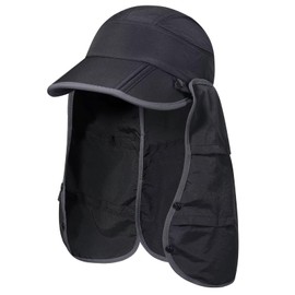 GADIEMKENSD UPF 50+ Fishing Sun Hat for Men Women Foldable Wide Brim Hat with Removable Neck Flap Cooling Breathable Summer Beach Hat for Fishing Hiking Camping Outdoor Black