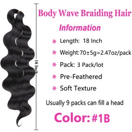 COOKOO 3 Packs Body Wave Braiding Hair 18 inch Natural Black Pre-Feathered Braiding Hair Bouncy Wavy Crochet Hair French Curls Crochet Hair Synthetic Hair Extensions for Boho Box Braids(1B#)