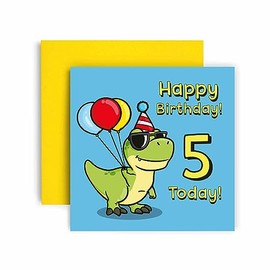 Huxters 5th Birthday Card – Dinosaur Birthday Cards for Boys – T Rex Dinosaur Happy Birthday Card – Birthday Card for Son or Daughter Brother Sister Friend Birthday Card Envelope (5th)