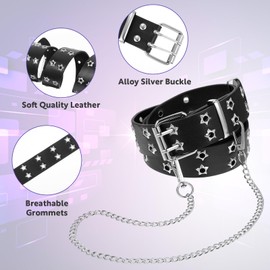 Black Studded Belt, Star Punk Rock Star Studded Leather Belt with Grommet Threads Bright Metal Pyramid for Women Men