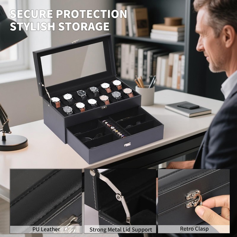 AUTOARK Leather & Velvet 12 Watch Box Jewelry Case and