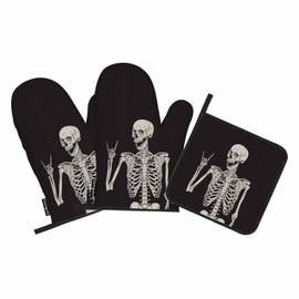 Samgula Human Skeleton Oven Mitts and Pot Holders Sets Funny Pose Happy Face Heat Resistant 3pcs for Cooking Baking BBQ