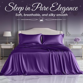 SLEEP SANCTUARY Satin Sheets King Size – 4 Piece Luxury Silky Bed Set, Softer Than Silk, 15" Deep Pocket, Cooling & Wrinkle-Free, Moisture-Wicking & Breathable for Hair & Skin (Purple)